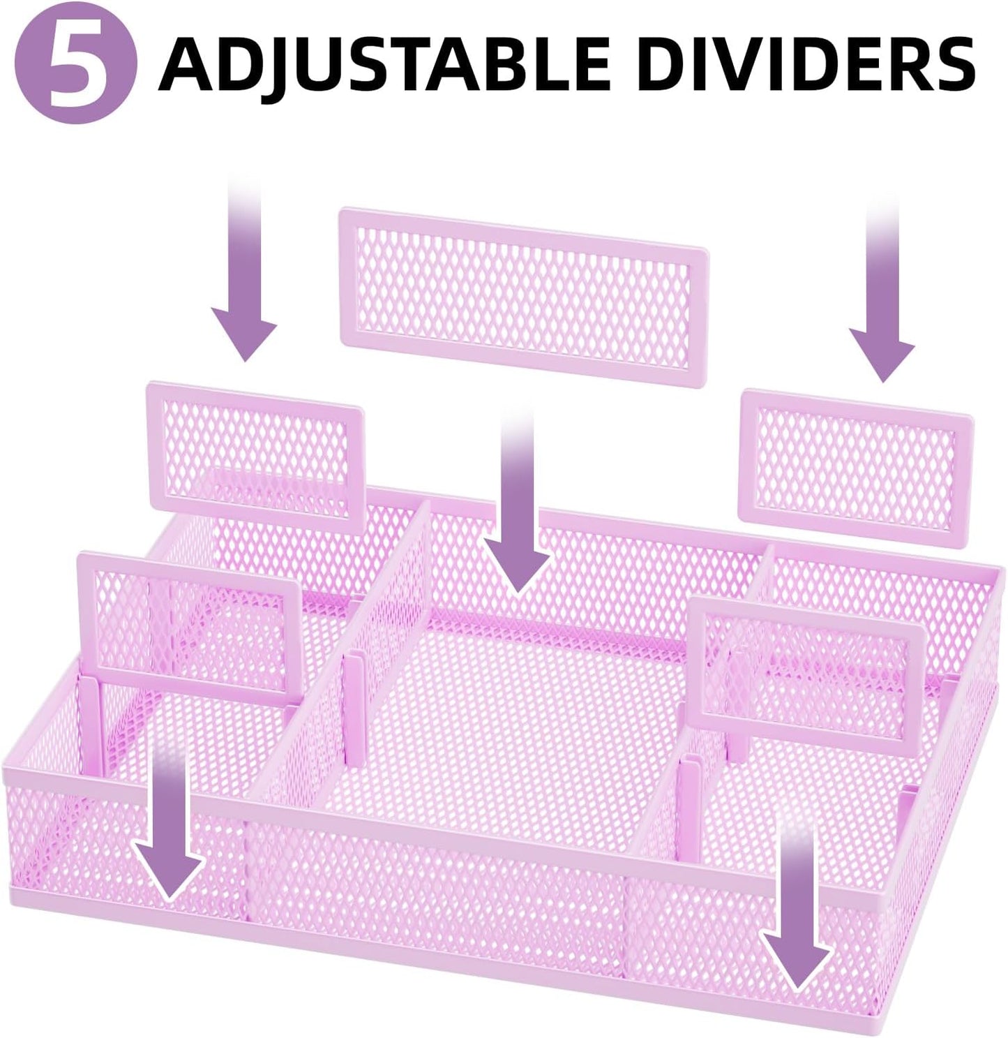 Marbrasse 2 Pack Desk Drawer Organizer, Mesh Drawer Organizer Tray with 8 Adjustable Compartments, Desk Organizers and Accessories, 5 Dividers Drawer for Office Supplies, Makeup & Vanity (Purple)