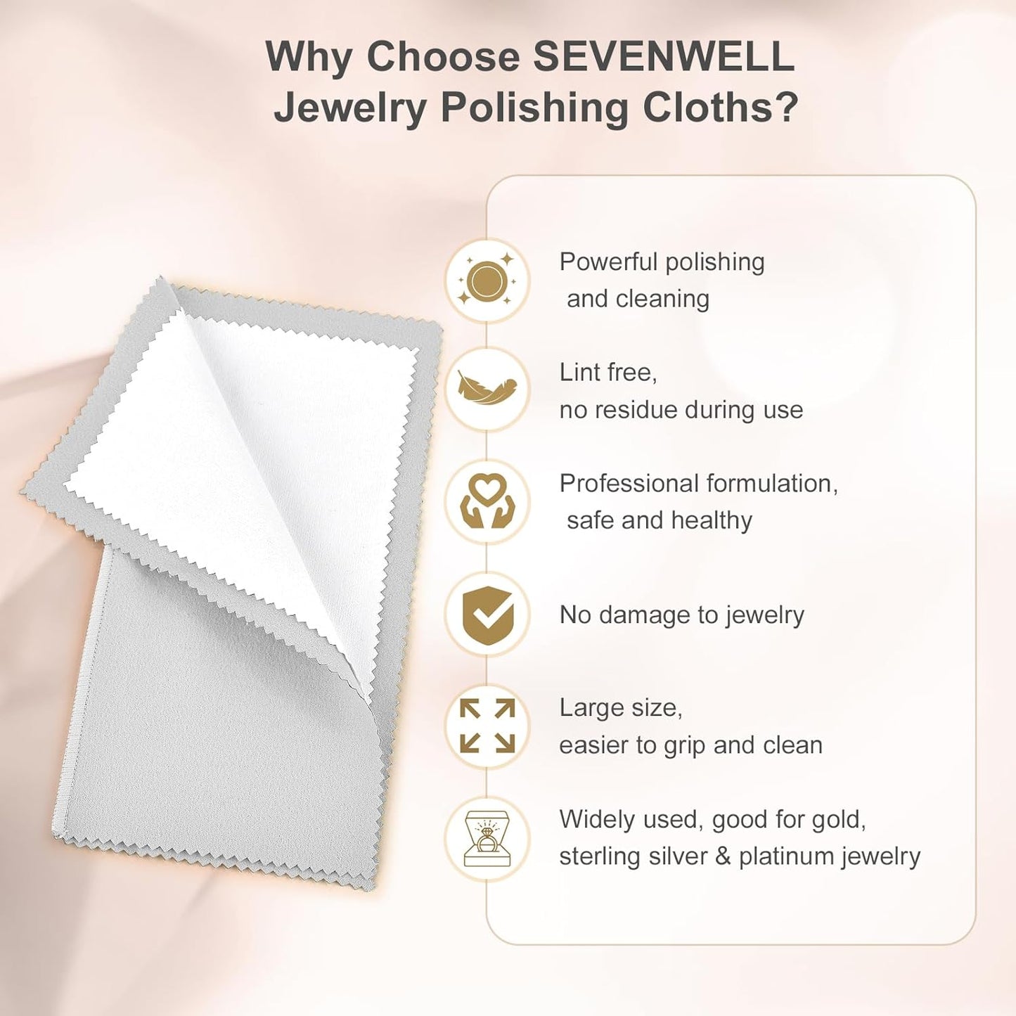 SEVENWELL Silver Polishing Cloth, Jewelry Cleaner Cloth for Sterling Silver Jewelry, Gold, Platinum, Silverware, Diamonds, Gemstones, Coins (20cm Light Grey Silver Cloth)