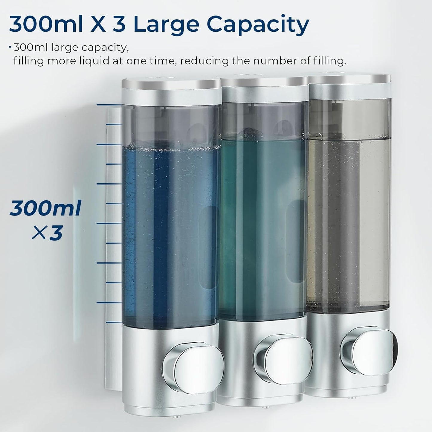 Shampoo and Conditioner Dispenser, Pollock Shower Soap Dispenser 3 Chamber No Drill, Wall Mounted Shampoo Body Wash Conditioner for Bathroom Large Capacity Silver