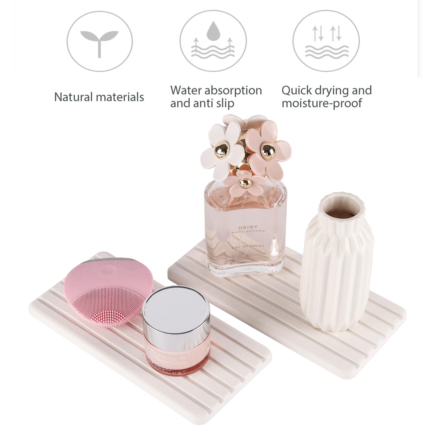 NiuYichee 2 PCS Water Absorbent diatomite Coasters, 8.3" x 4" Water Absorbing Stone Tray for Sink