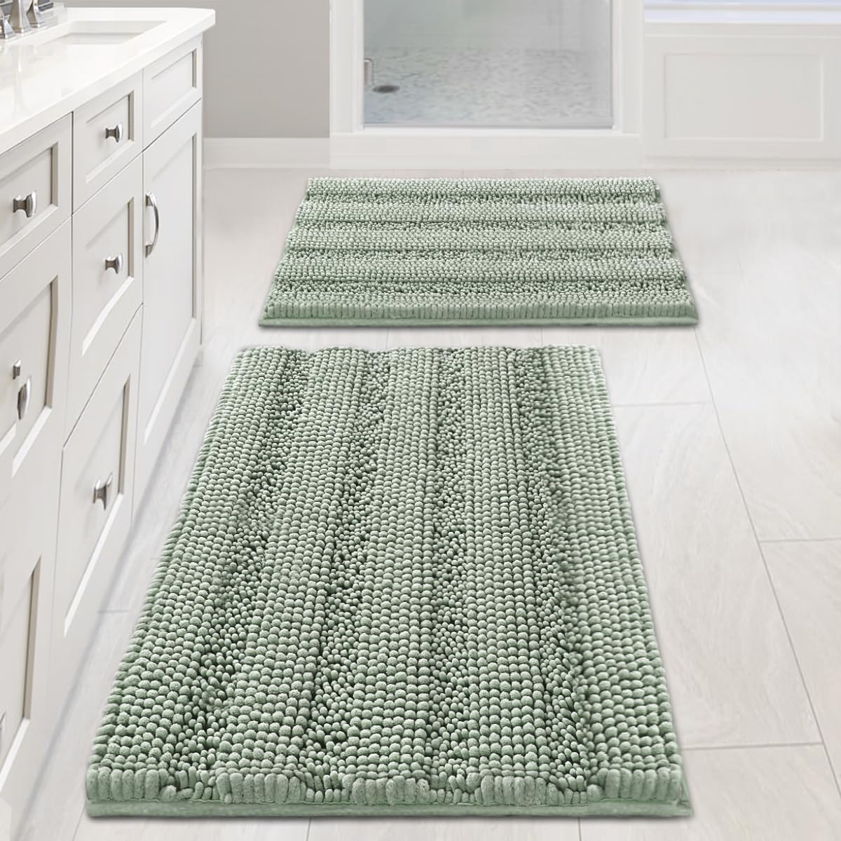 H.VERSAILTEX Sage Bathroom Rugs, Bath Mat Set of 2 Extra Thick Chenille Striped Pattern Shaggy Bath
