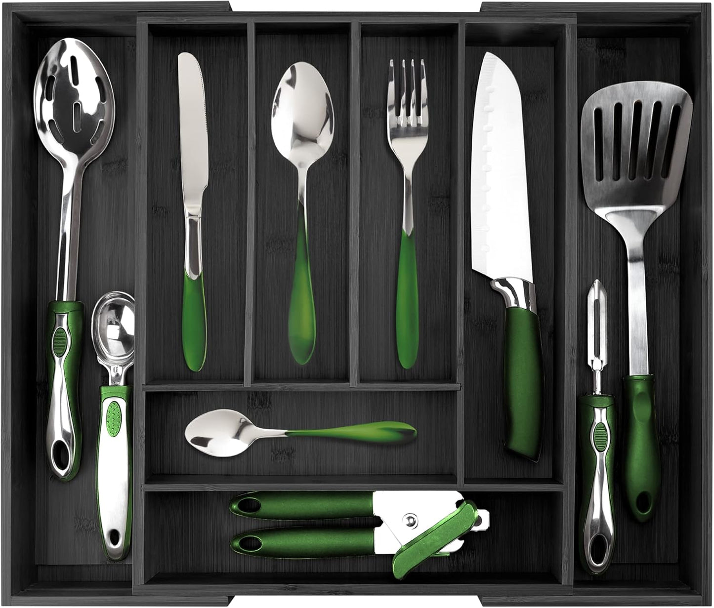 Silverware Tray - Drawer Organizer with Expandable Wooden Dividers (8-Slots, Black)