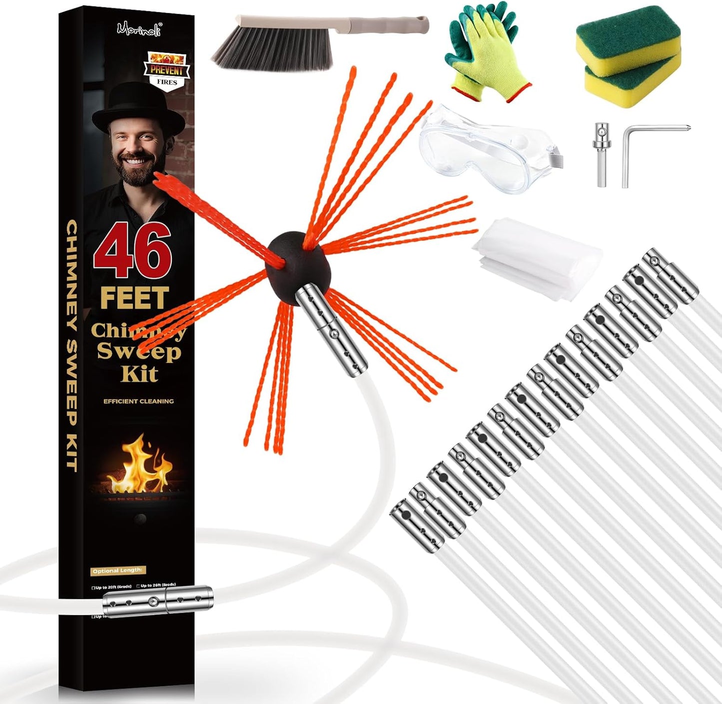 Chimney Sweep Kit - 46 Feet, Chrome Button Locking System, 14 Flexible Rods
