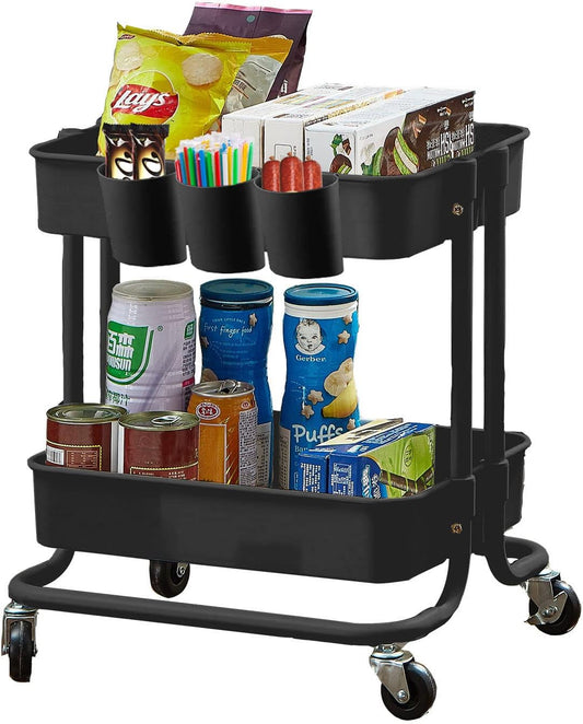 Melody House 2-Tier Utility Rolling Cart Storage Sofa Side Table with Wheels, Mobile Trolley