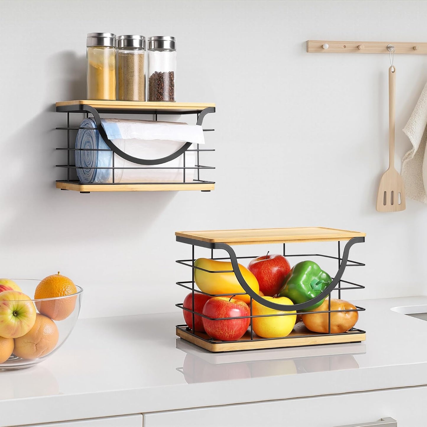 Extra Large Trash Bag Holder Stackable Kitchen Storage, 2 Pack Wall Mounted Pantry Organizers and Storage with Bamboo Top, Garbage Bag Dispenser Under Sink for Laundry Room and Kitchen