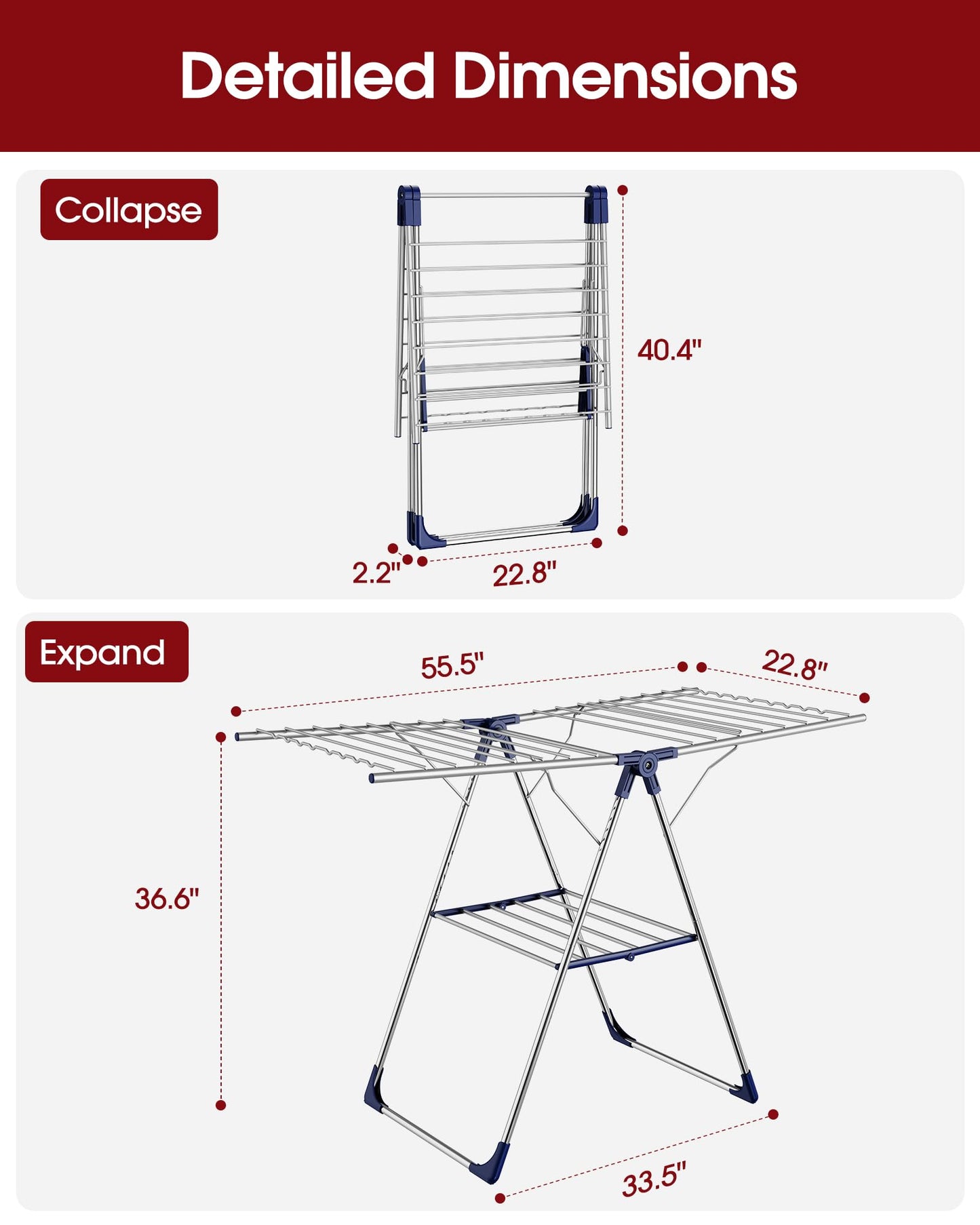 Sakugi Clothes Drying Rack, 55.5" Adjustable Wings, Foldable Design