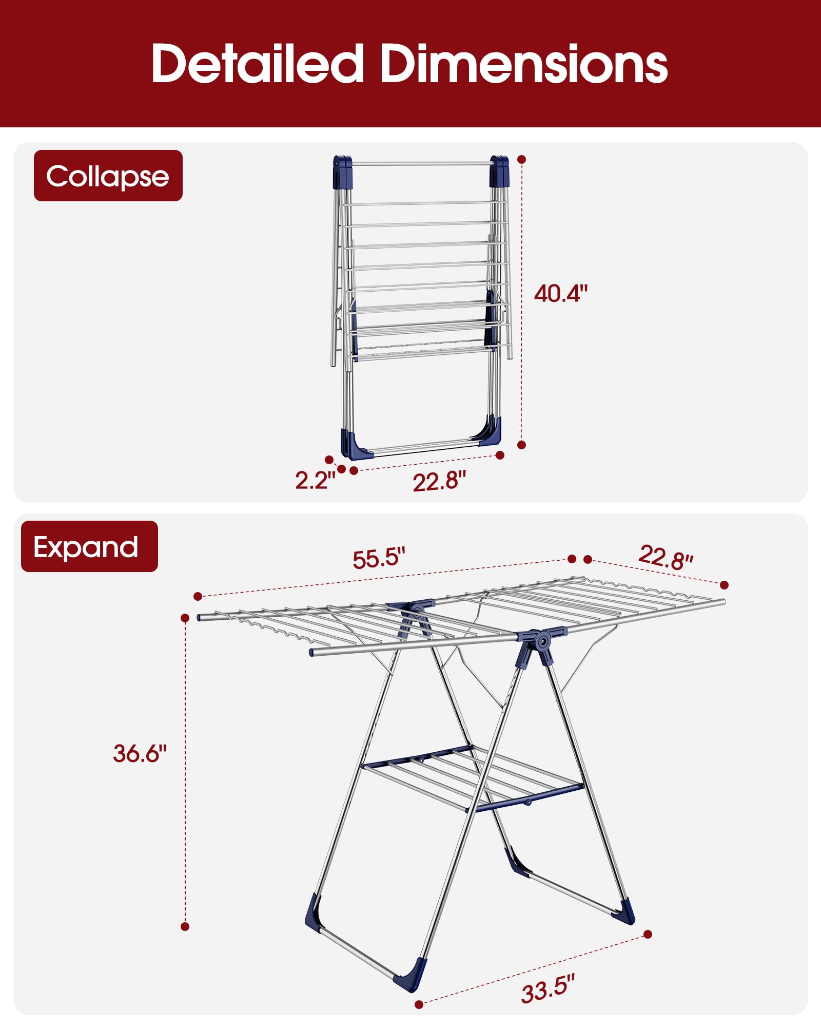 Sakugi Clothes Drying Rack, 55.5" Adjustable Wings, Foldable Design