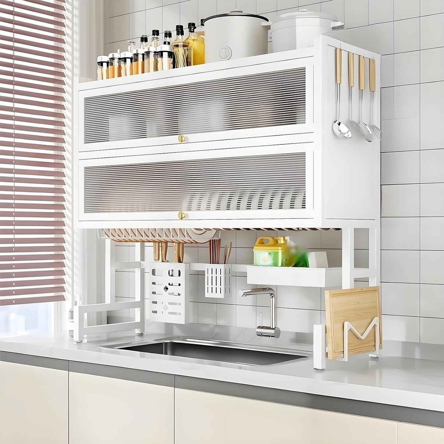 Dish Drying Rack 4 Tiers with Cover, Keep Kitchen Sink Shlef Organized Space-Saving Dish Drying Rack, Large Drying Rack for Dishes, Glasses, Bowls, Cutlery (White, W-25.6)