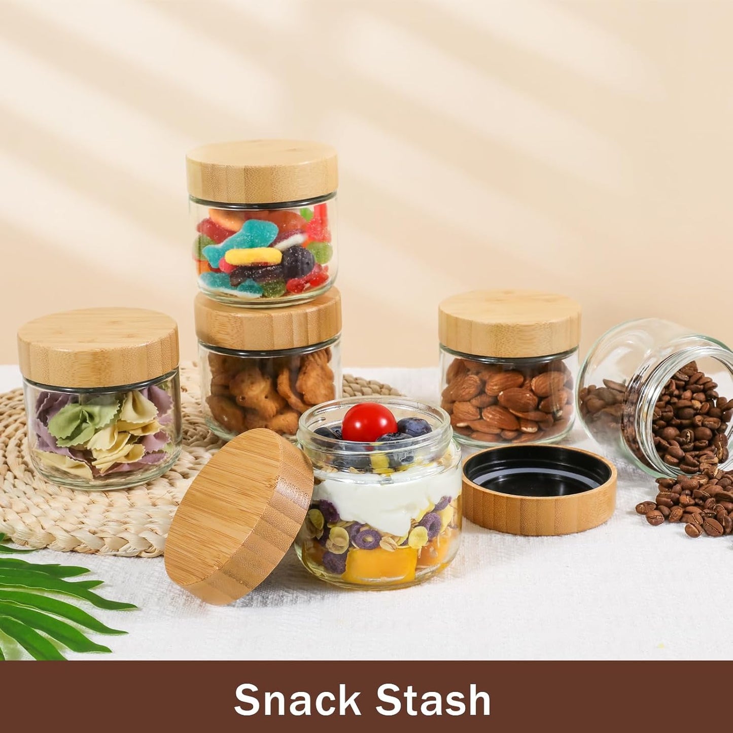 OcePor 6 Pack 10oz Glass Jars with Bamboo Lids, Over Night Oats Container with Airtight Lid, Glass Snack Storage Salad Jars For Food, Yogurt, Sugar and Flour,Coffee Bean, Cookie, Cereal