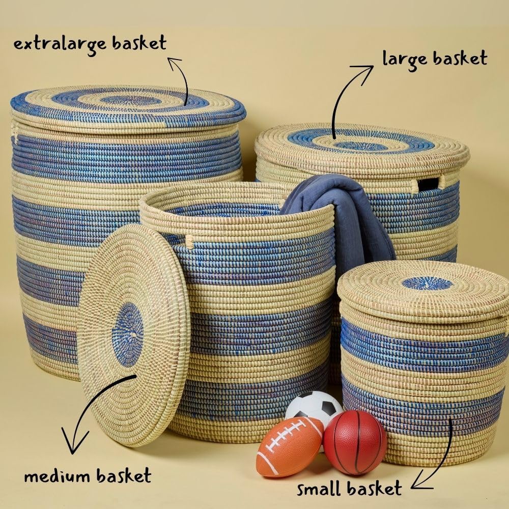 Storage & Organization - Basket, Laundry Hamper, Nursery Toys Bin, Living Room Blankets Storage, Decorative, Wicker, Woven, Sturdy, Round, Handles, Navy Blue, Large