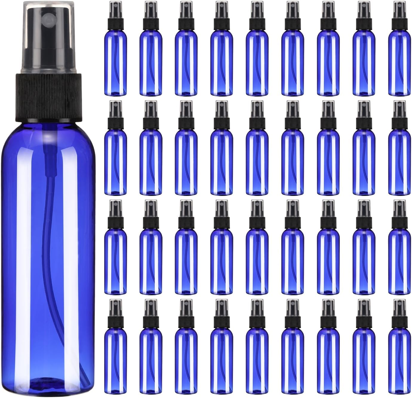 uxcell 100 Pack Spray Bottles, 2 Oz/60ML Reusable Clear Empty Mist Plastic Mini Travel Bottle Set,Small Refillable Liquid Containers for Household Use, Essential Oil(Blue Black)