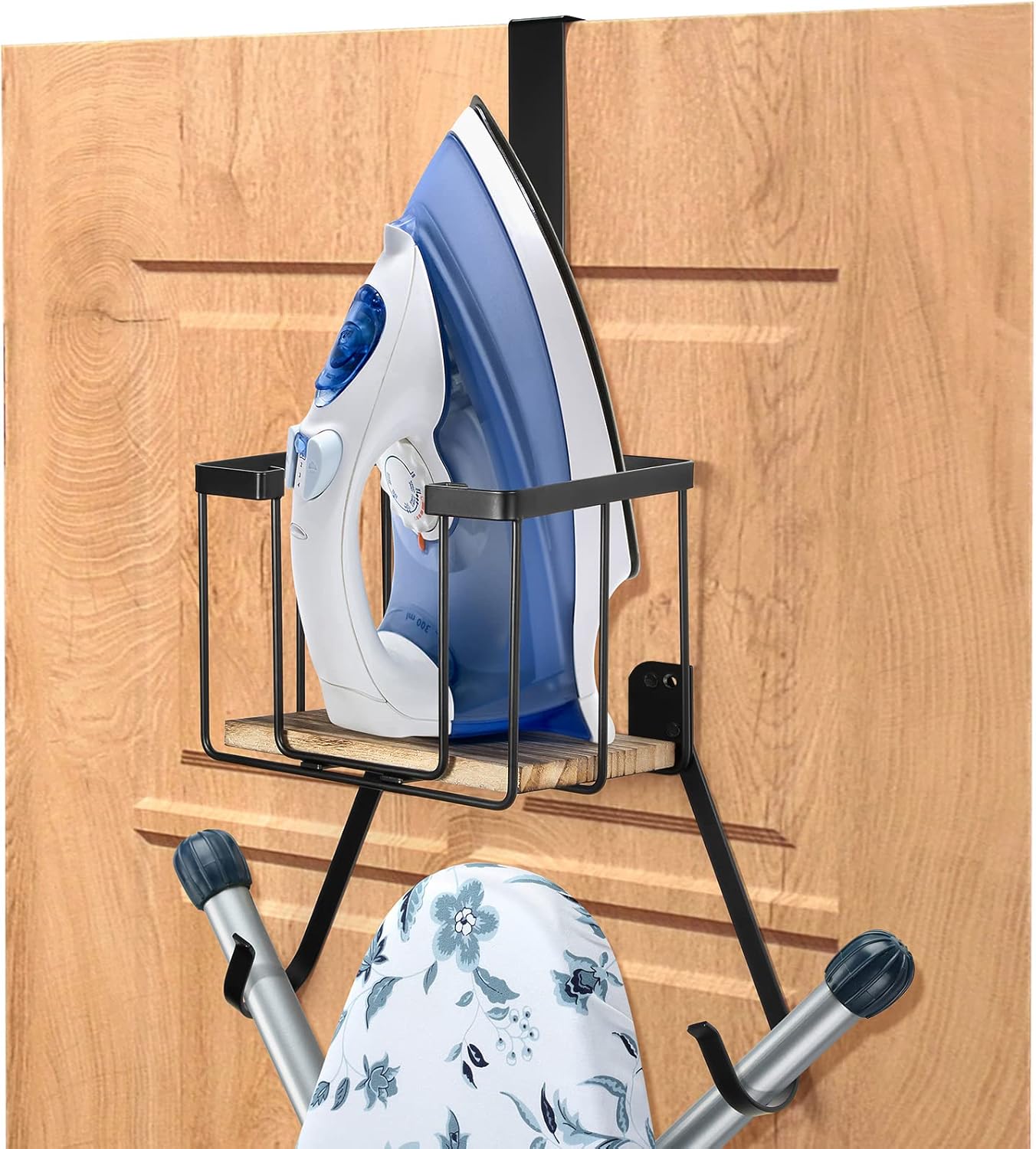 TJ.MOREE Wall Mount/Over The Door Ironing Board Holder with Large Storage Basket, Laundry Room Iron and Ironing Board Holder Storage Holder Black Middle