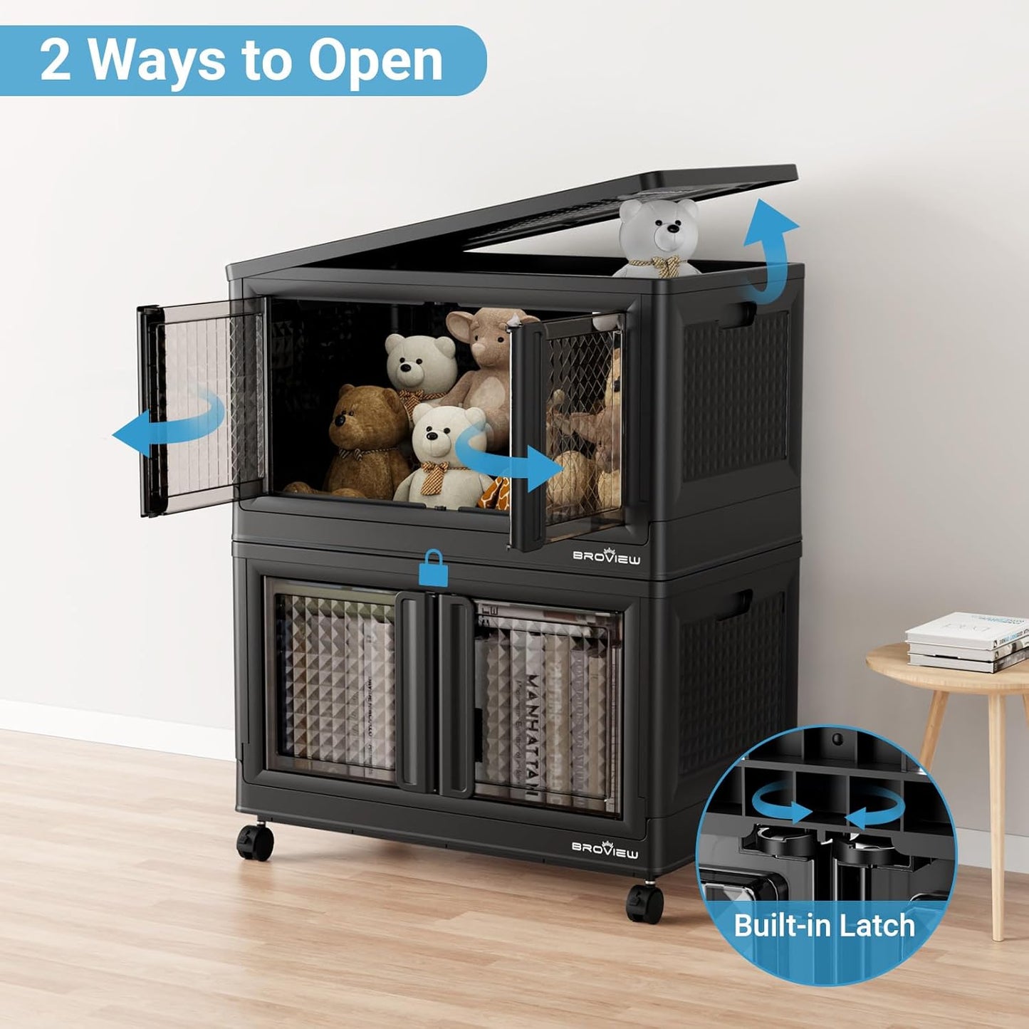 BROVIEW 600 Qt Stackable Storage Bins with Lids & Doors, 6 Pack Plastic Closet Organizer and Storage Drawers with Wheels, Large Collapsible Storage Boxes, Cabinet for Home, Office, V10, Black