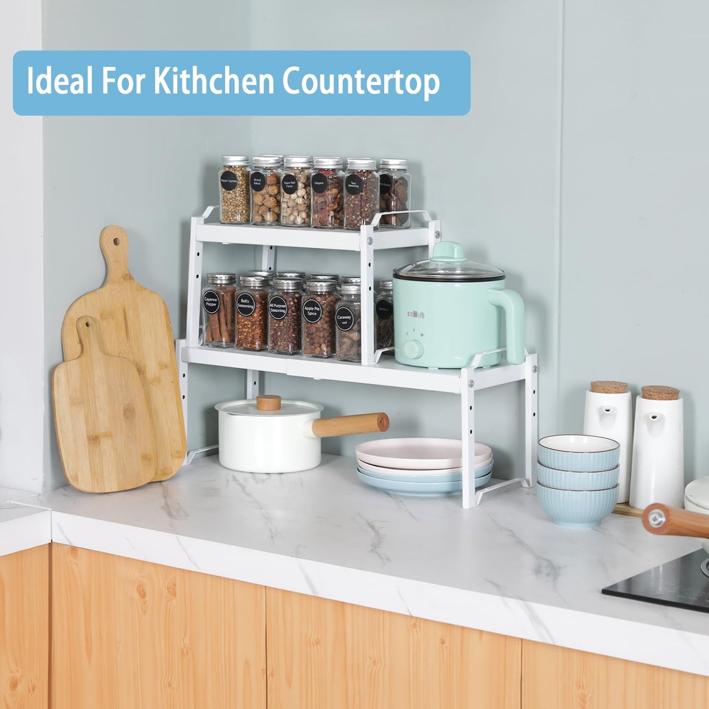 Set of 2 Expandable Kitchen Cabinet Shelves Organizers, Stackable Adjustable Small Storage Shelf