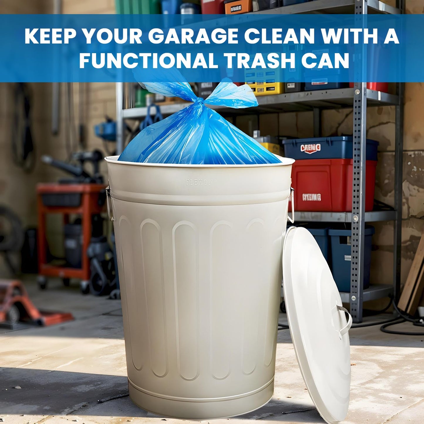 Plexon Round Trash Can 13 Gallon, Vintage Metal Outdoor Trash Can with Lid, Retro Farmhouse Garbage Container, Old School Modern Ash Bucket, Beige