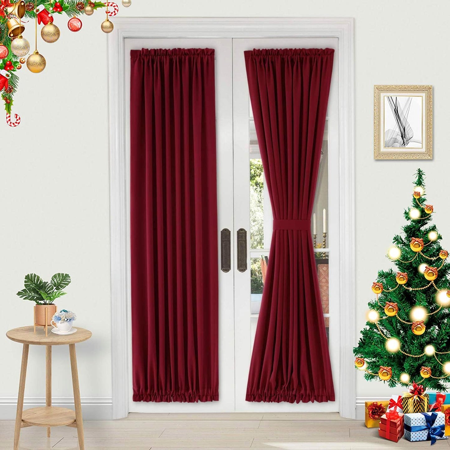 DWCN French Door Curtains - Rod Pocket Thermal Blackout Curtain for Doors with Glass Window, Kitchen and Patio Doors for Privacy, 23 X 72 Inches Long, 1 Curtain Panel with Tieback, Burgundy