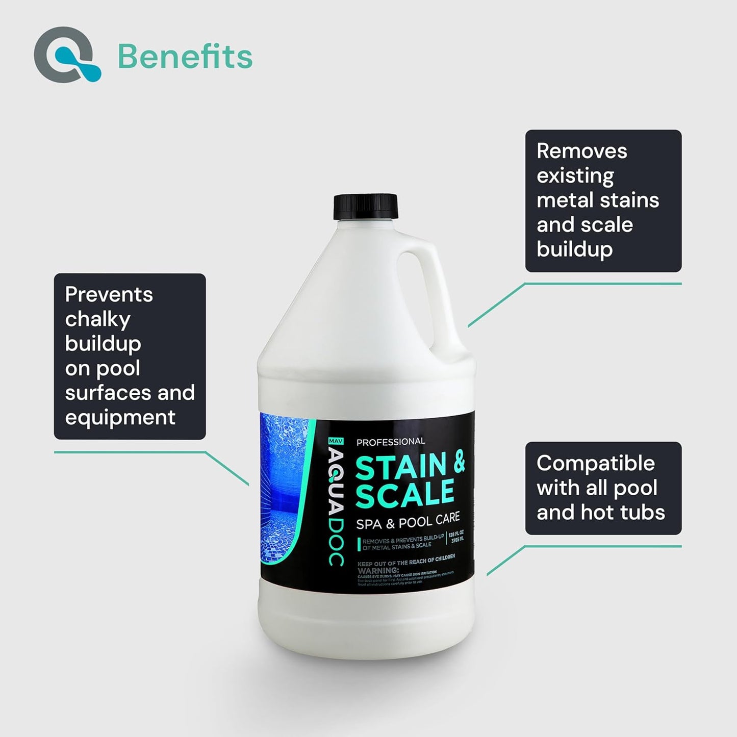 Pool & Hot Tub Stain and Scale Remover - AquaDoc 1 Gallon (128oz) Pool Stain & Scale for Calcium, Iron, Copper & Rust Buildup - Works on Vinyl, Plaster, Fiberglass, Pebble & More