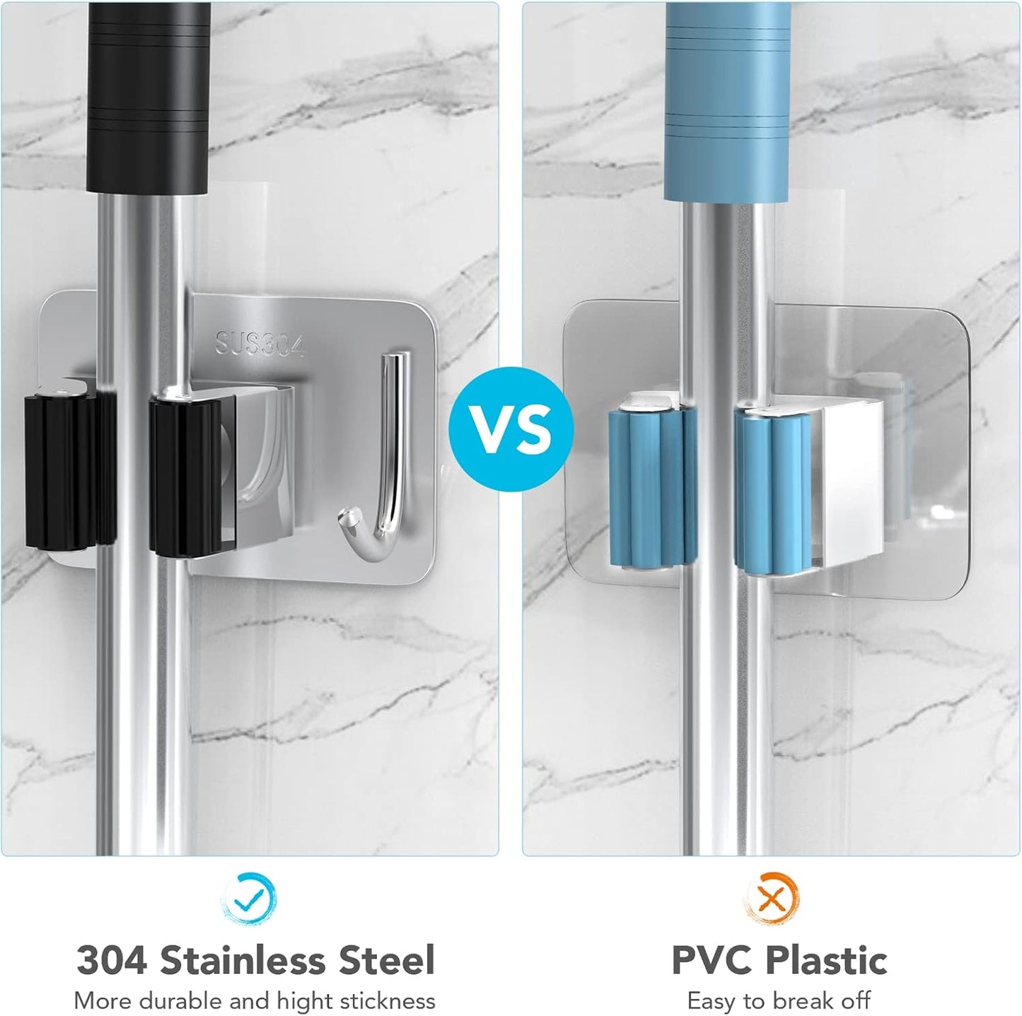 Mop Broom Holder No Drill, Mop Broom Organizer Wall Mounted Heavy Duty with Hooks Hanger, Self Adhesive Stainless Steel 4Pcs for Bathroom, Kitchen, Office (Multicolor)