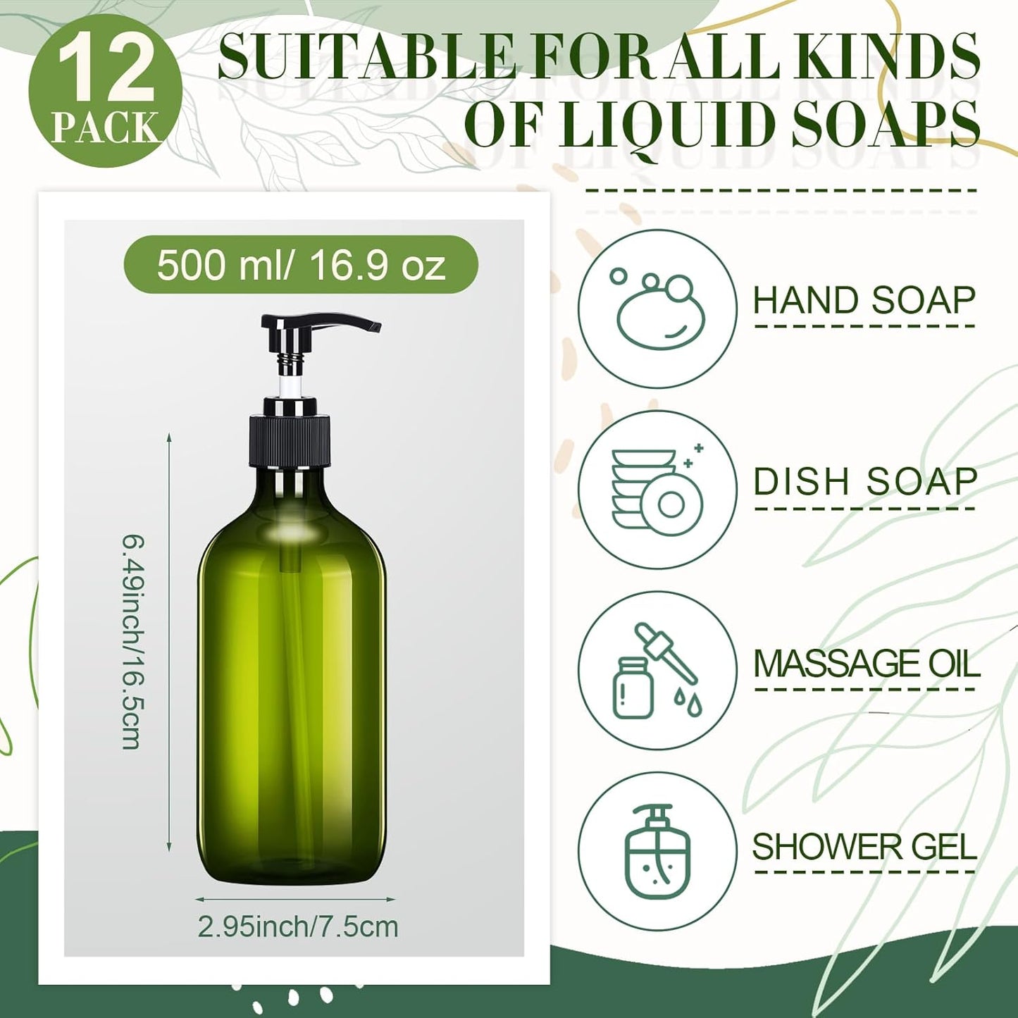 Tessco for you 12 Pack Green Soap Dispenser Empty Plastic Pump Bottles Dispenser Refillable Shampoo Container for Hand Sanitizer Soap Lotion Body Wash Conditioner Bathroom Kitchen Travel(16.9 oz)