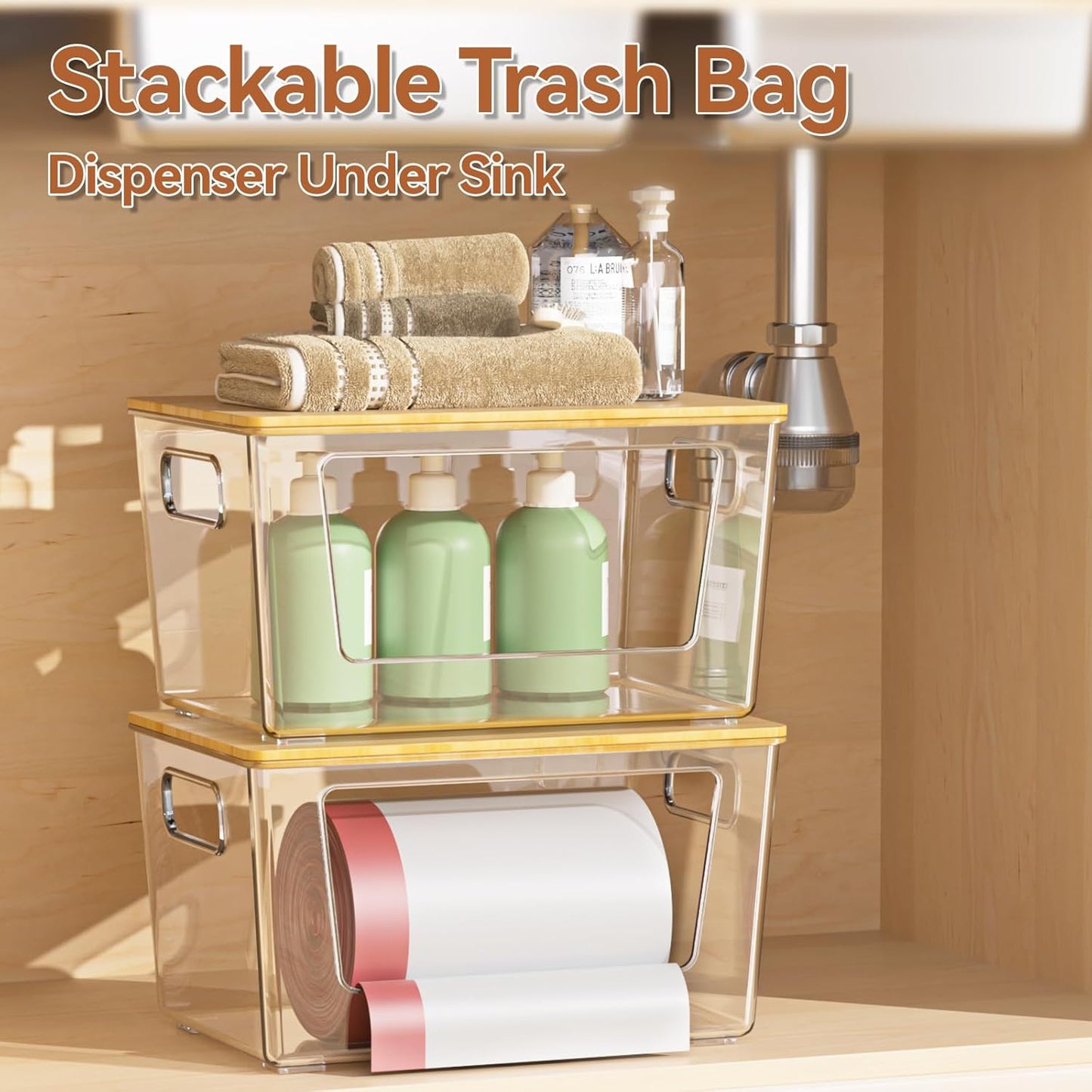 Trash Bag Holder with Bamboo Lid, Stackable Trash Bag Dispenser, Extra Large Storage for Kitchen Laundry Room Under Sink (1Pack)