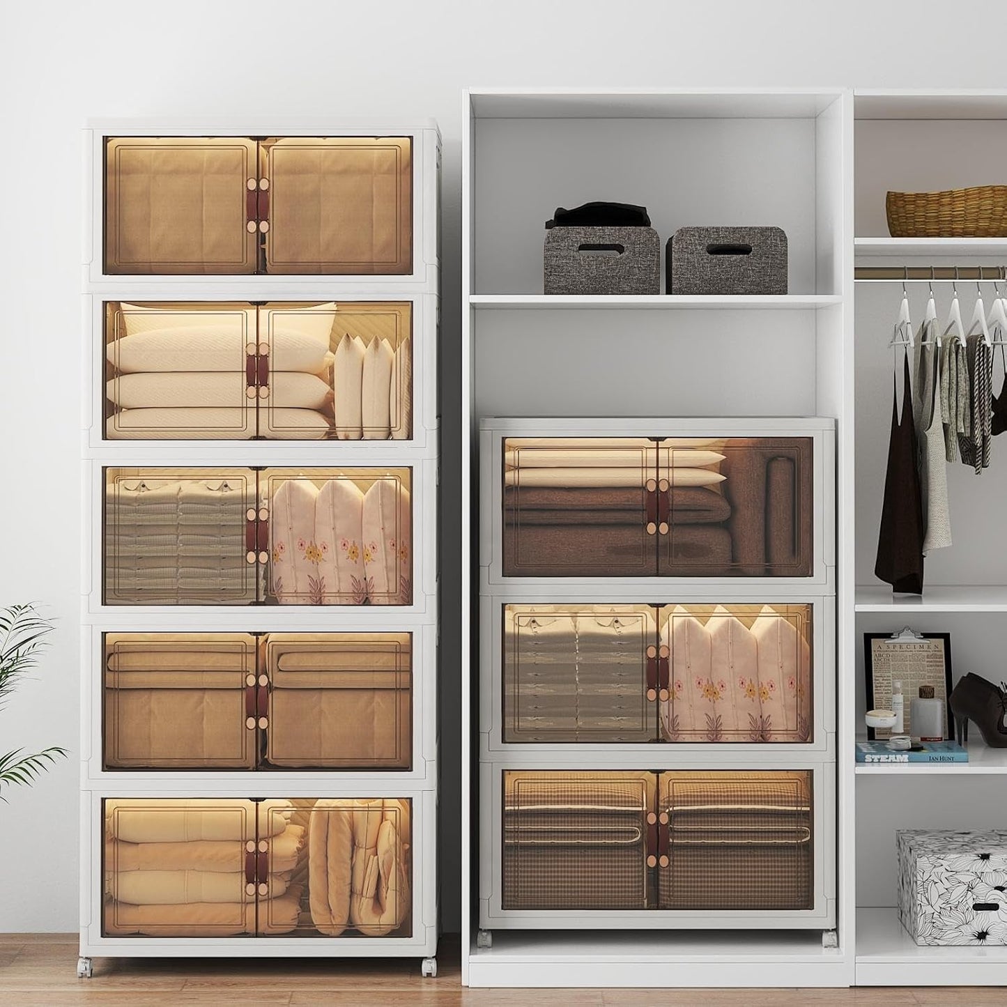 Extra Large Stackable Storage Bins with Lids & Wheels & Door, 1280QT-160QT/40GAL*8Pack Foldable Collapsible Closet Organizers, Plastic containers drawers for bedroom Dorm