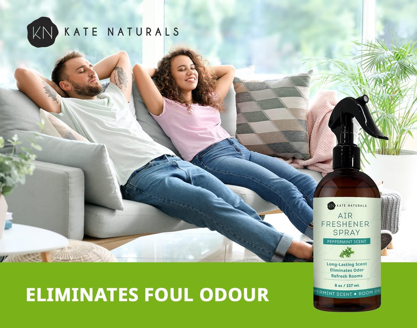 Kate Naturals Peppermint Air Freshener Spray for Room & Car with Natural Mint. Odor Eliminator Peppermint Spray for Bathroom & Linen (8 fl oz, Pet Safe, Non Toxic)