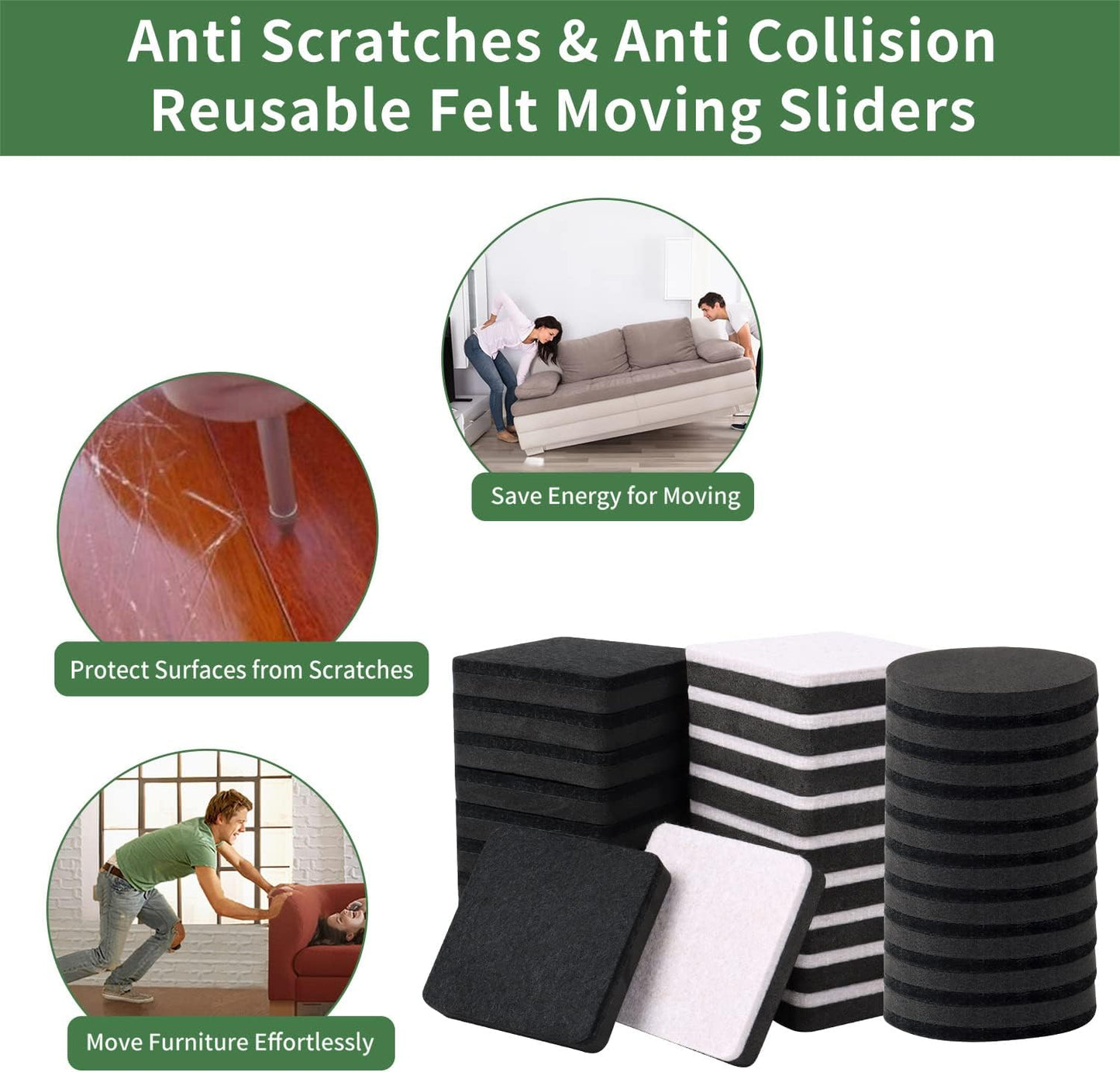 Ezprotekt 2.5" Felt Furniture Movers Sliders for Hardwood Floors, 24 Pcs Reusable Square Felt Furniture Moving Pads for Sofa Table Bed Desk Couch Cabinet, Furniture Glides Easily and Quickly (Black)