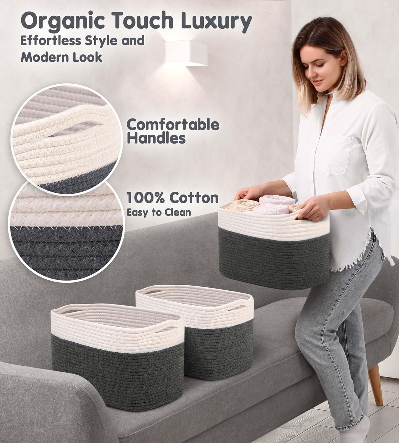 CHAT BLANC Cotton Rope Baskets for Organizing | Storage Baskets for Shelves | Rope Basket for Storage, Small Laundry Baskets, Woven Baskets for Storage, Dog Toy Bin, Baby Basket, White&Graphite 3 Pack