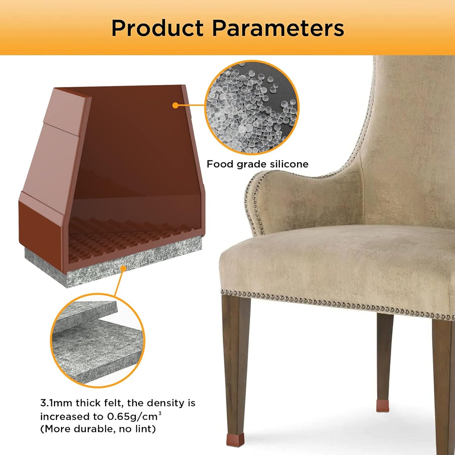 Square Chair Leg Protectors for Hardwood Floors, 16 Pcs Silicone Felt Furniture Leg Cover,(Brown 1 1/2").