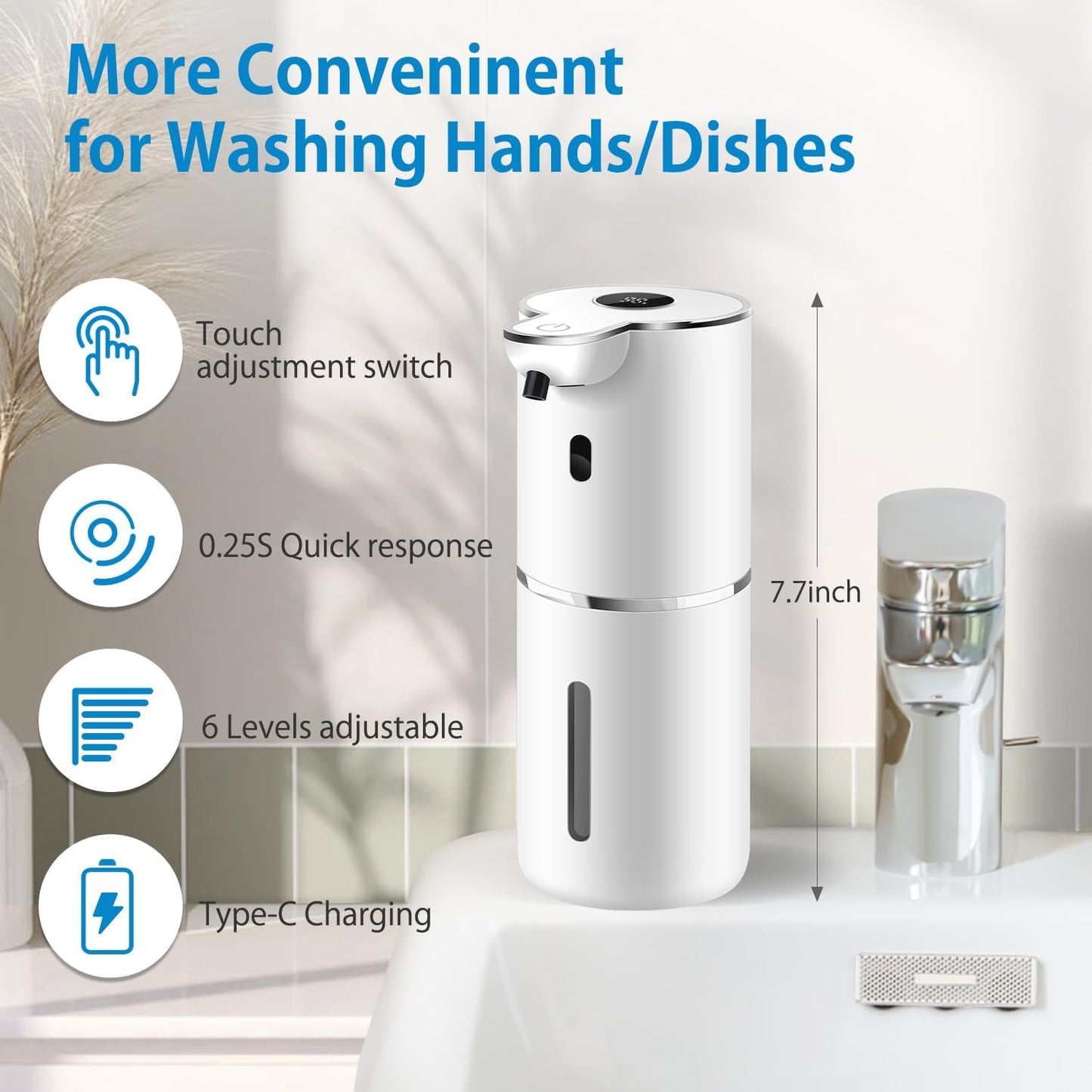 Automatic Foaming Soap Dispenser 12.8oz, Rechargeable & 6 Levels Foaming Adjustable with Digital Display, Wall Mount, Waterproof, Touchless Hand/Dish Soap Dispenser for Kitchen, Bathroom, Hotel