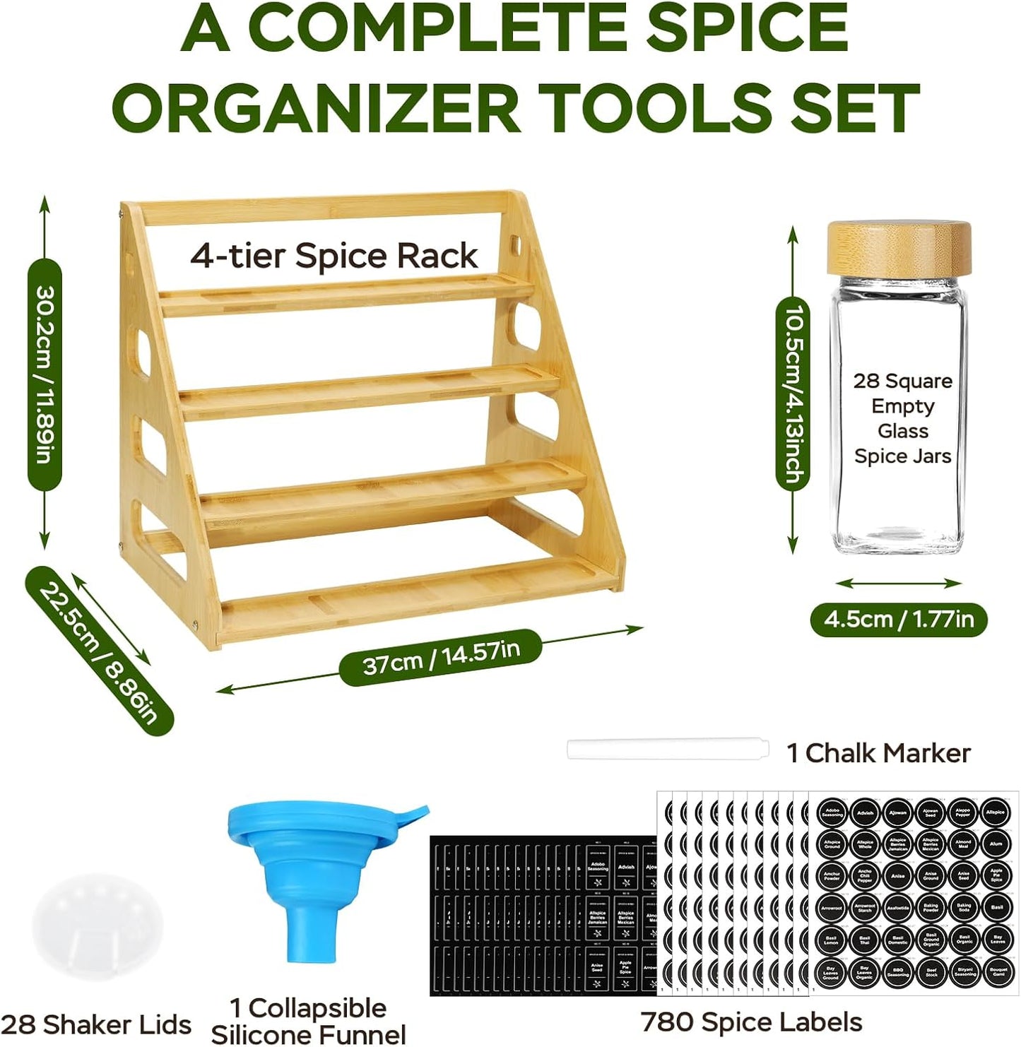 4 Tier Bamboo Spice Rack Organizer with 28 Spice Jars, 780 Labels, Wood Shelf, Chalk Marker and Funnel Set for Cabinet Kitchen Countertop, Empty 4 oz Glass Jars