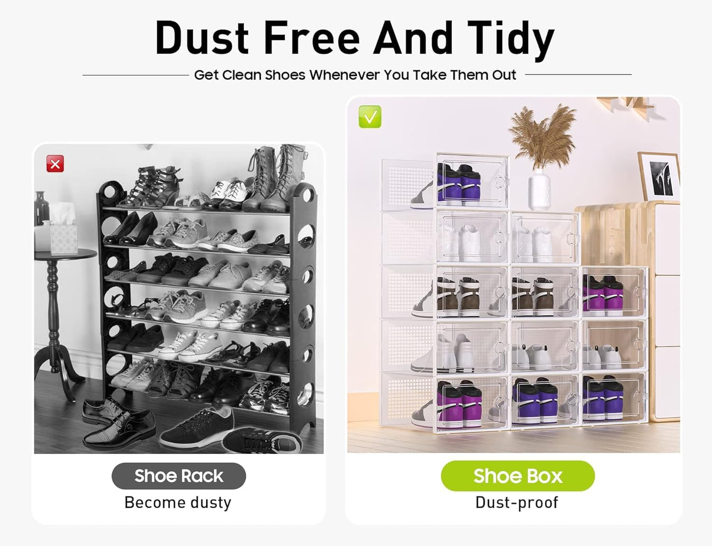 Kuject XX-Large Shoe Storage Boxes Organizers Clear Plastic Stackable 12 Pack, Shoe Rack & Holder Substitute, Sneaker Containers, Toy Storage Organizer Bins for Entryway, Closet, Under Bed, White