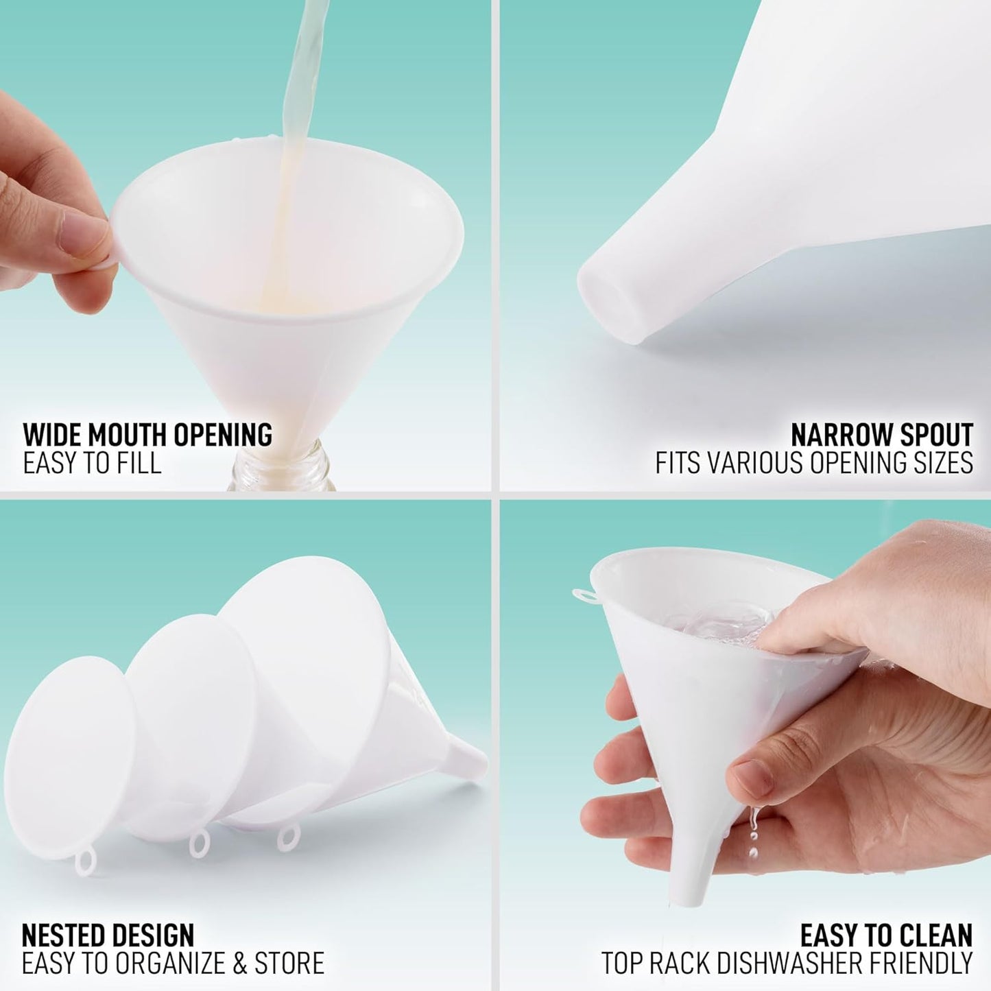 Zulay Kitchen 3-Piece Plastic Funnel Set - Large, Medium, and Small Kitchen Funnels Pouring Spout - for Filling Bottles Water Liquid, Protein Powder, Food Grade Cooking, Drink, Paint, Lotion, Kids