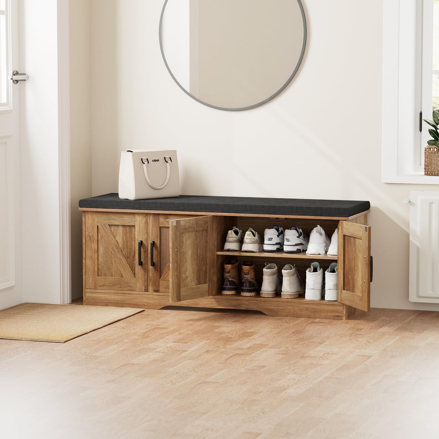 HOMSHO Farmhouse Shoe Storage Bench with 4 Barn Doors & Padded Seat Cushion