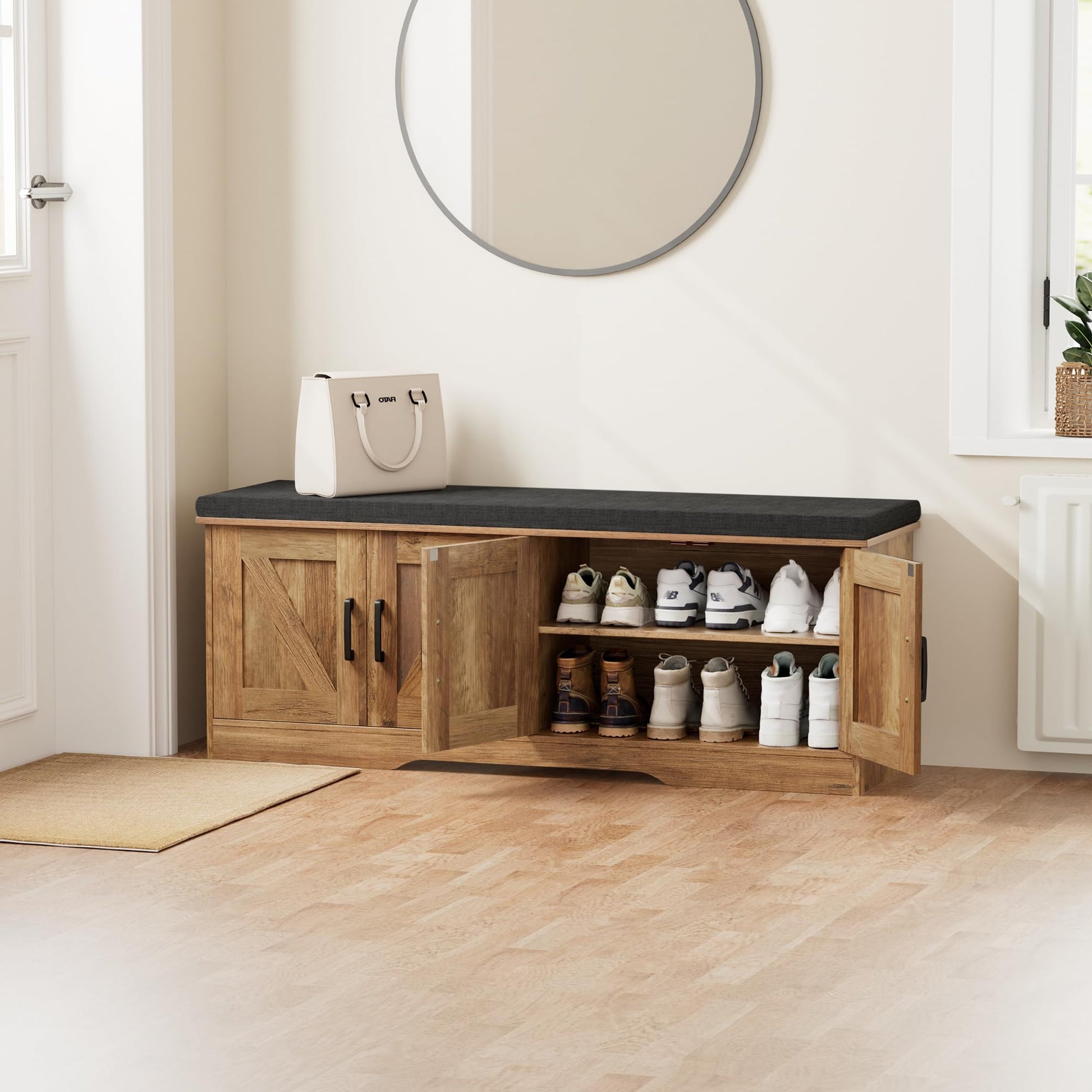 HOMSHO Farmhouse Shoe Storage Bench with 4 Barn Doors & Padded Seat Cushion