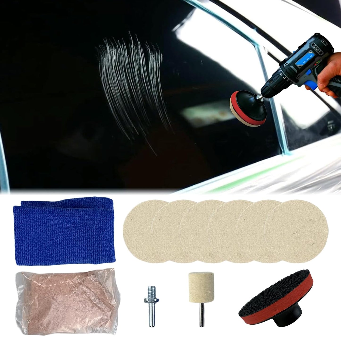 9Pcs/Set Glass Polishing Kit, 100g Cerium Oxide Powder Polishing Kit with Towel Polishing Wheels Set Polish Pads, Deep Scratch Remover for Windscreen and Glass Repair