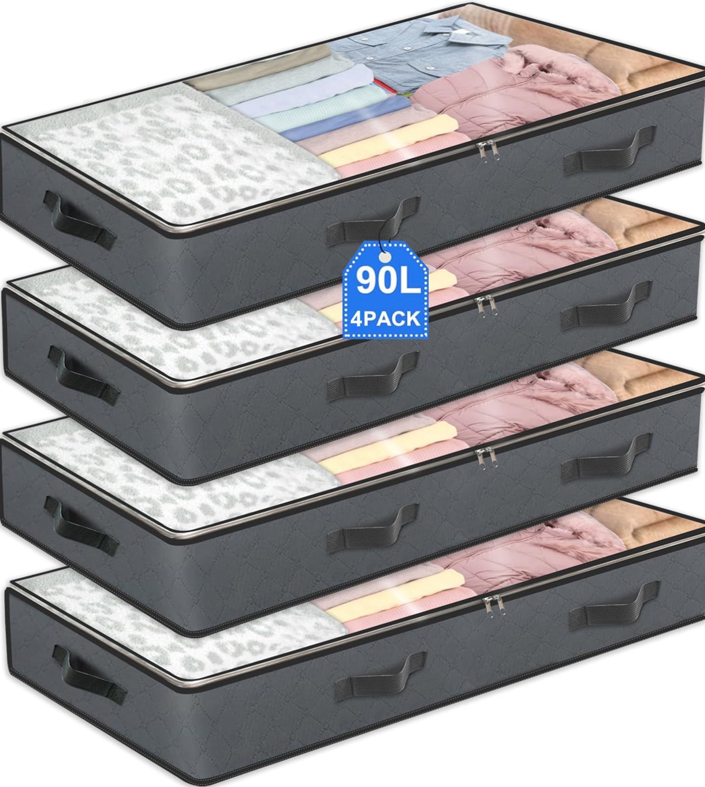 BiCINE 4 Pack Under Bed Storage, 90L Foldable Closet Containers Organizers