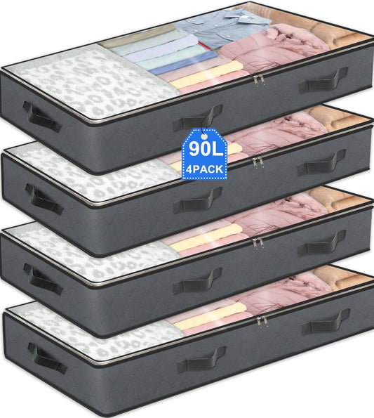 BiCINE 4 Pack Under Bed Storage, 90L Foldable Closet Containers Organizers