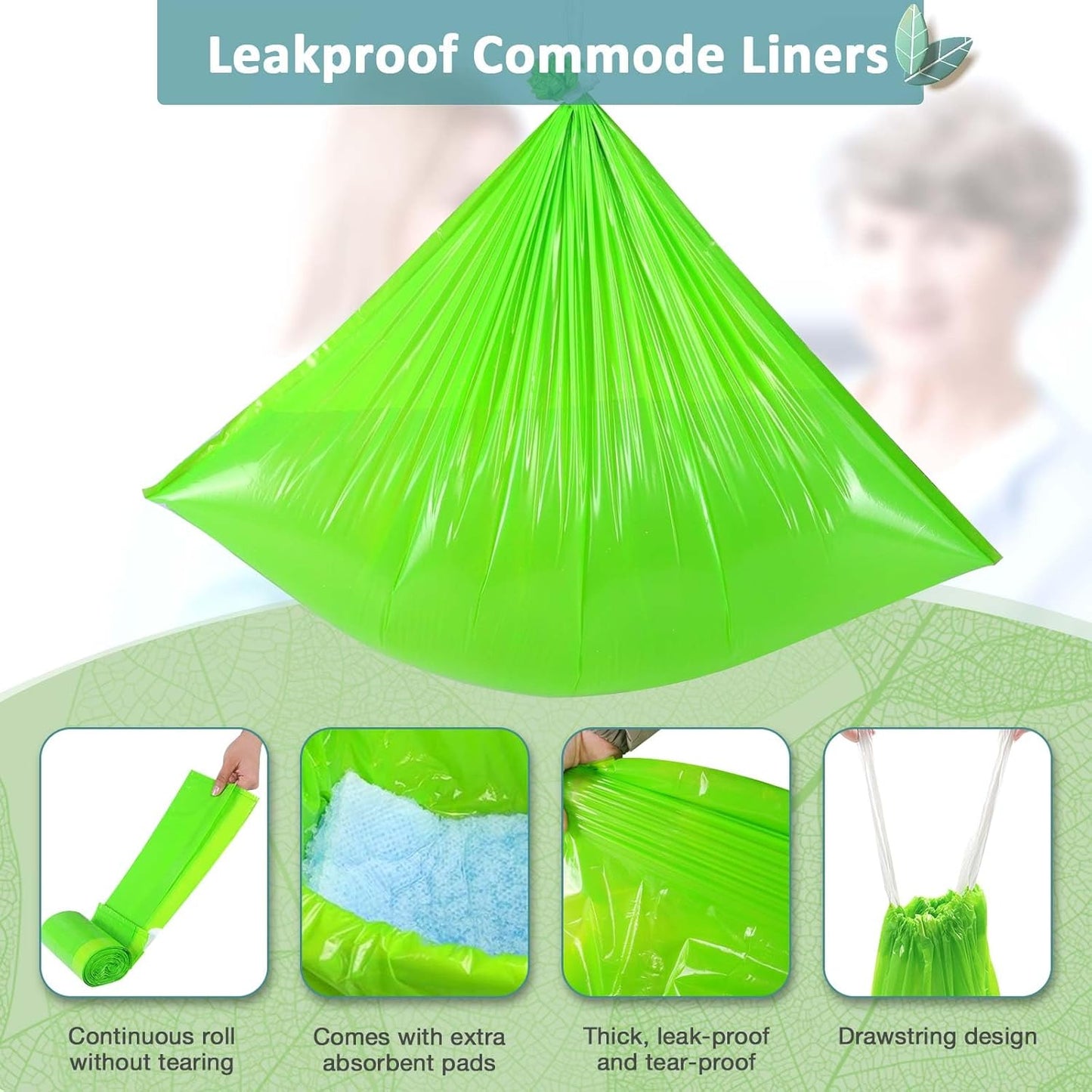 Bedside Commode Liners, 150 Bags + 150 Pads for Bedside Toilet Chair Bucket, Super Absorbent, Unscented, Leak-Proof, Universal Size