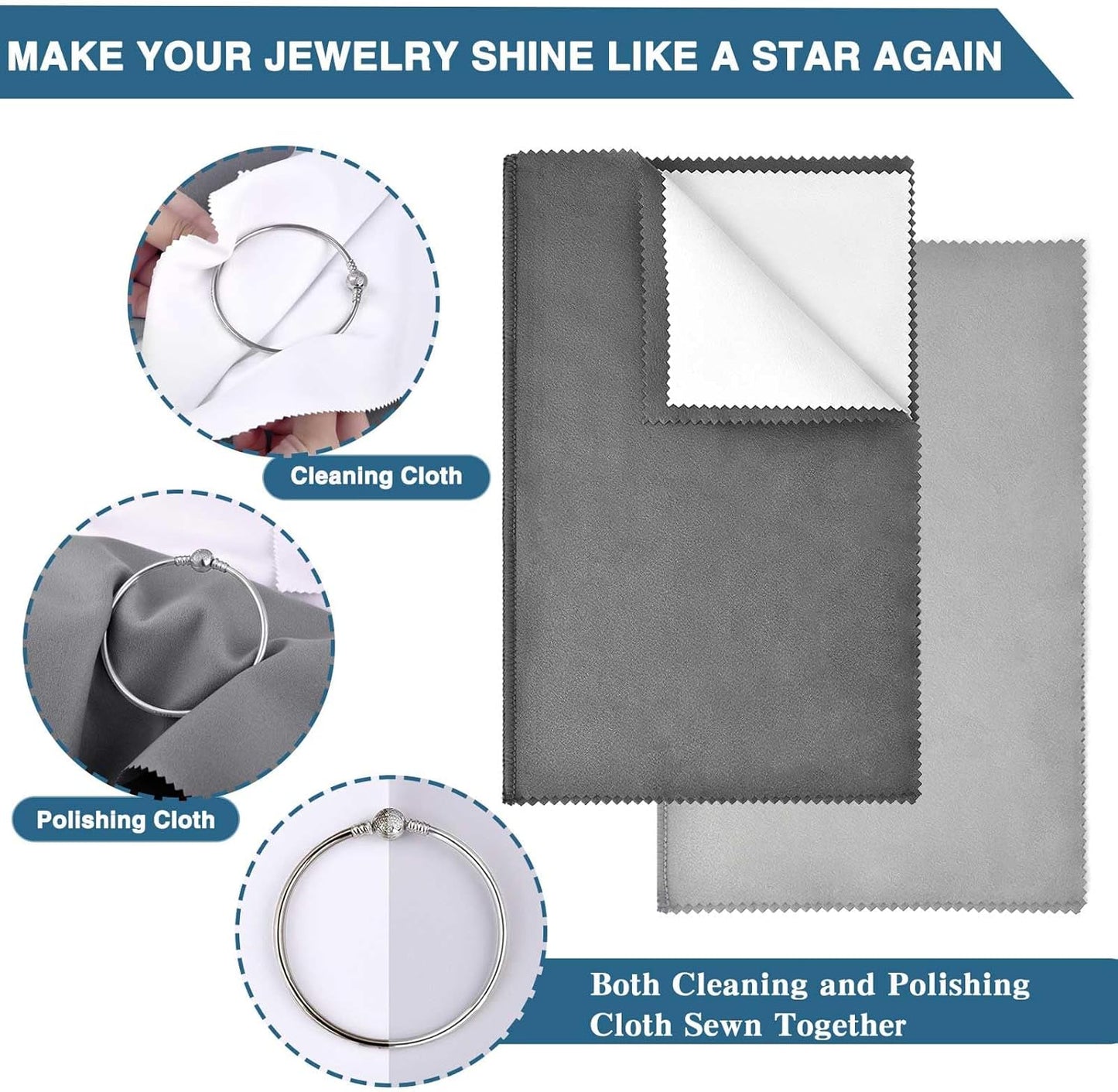 SEVENWELL Silver Polishing Cloth, Jewelry Cleaner Cloth for Sterling Silver Jewelry, Gold, Platinum, Silverware, Diamonds, Gemstones, Coins (2pcs Dark Gray and 2pcs Light Gray (Large))