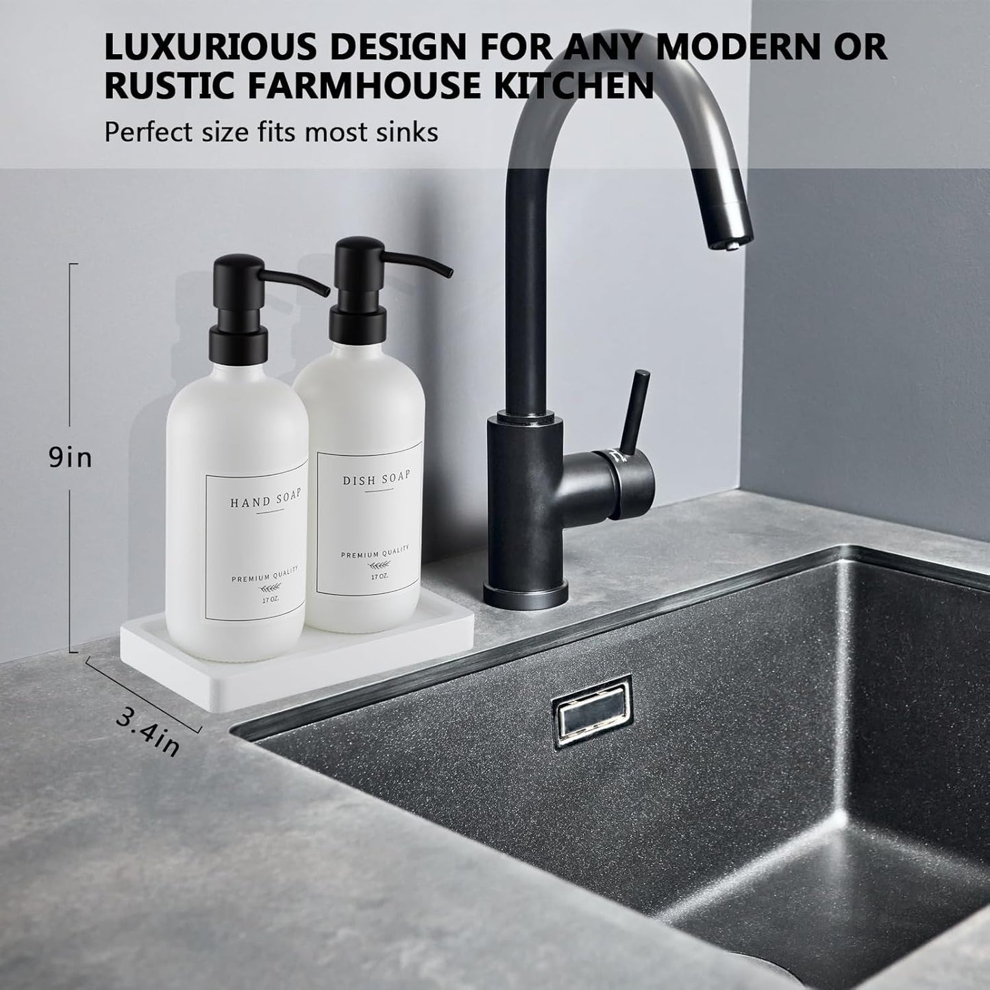 Thick Glass Soap Dispenser - Kitchen Dish Hand Soap Dispenser Set,Rustproof Pump Soap Lotion Dispenser Bathroom with Tray,14 Stickers for Kitchen Decor White Bottle/Black Pump