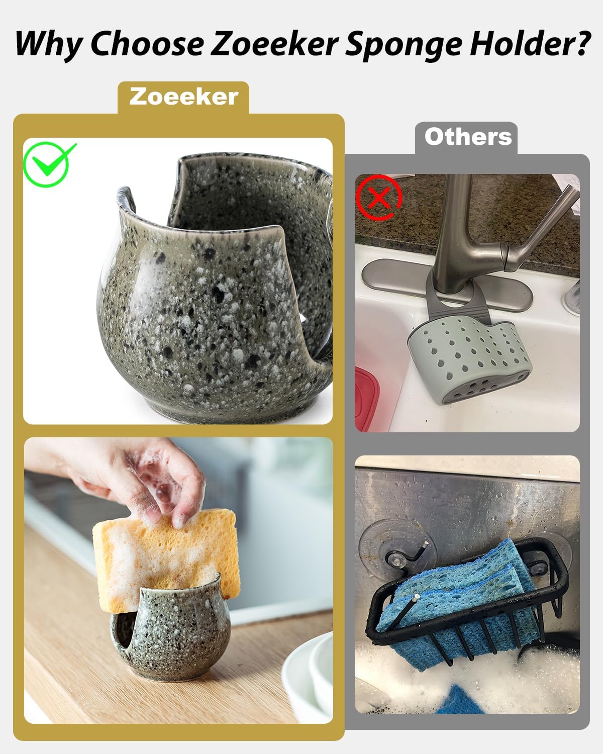 Ceramic Sponge Holder, Kitchen Sponge Holder Sink Caddy Organizer Dish Rack for Kitchen Sink Suction, Bathroom, Brush, Special Gray