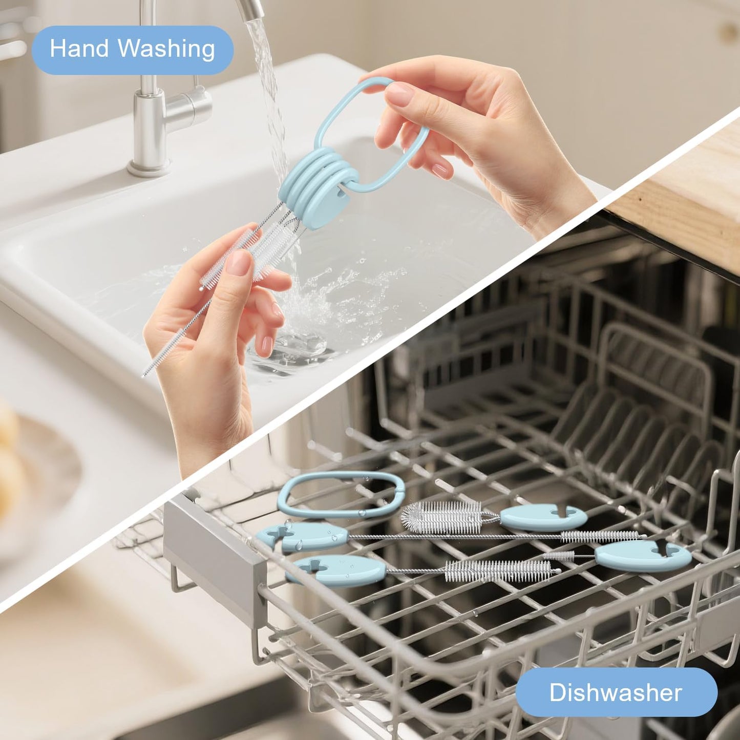 YOTIME Standing Straw Cleaner Brush Set, 4in1 Reusable Straw Brushes with Holder Ring, for Baby Bottles, Sippy Cups and Lids, Blue