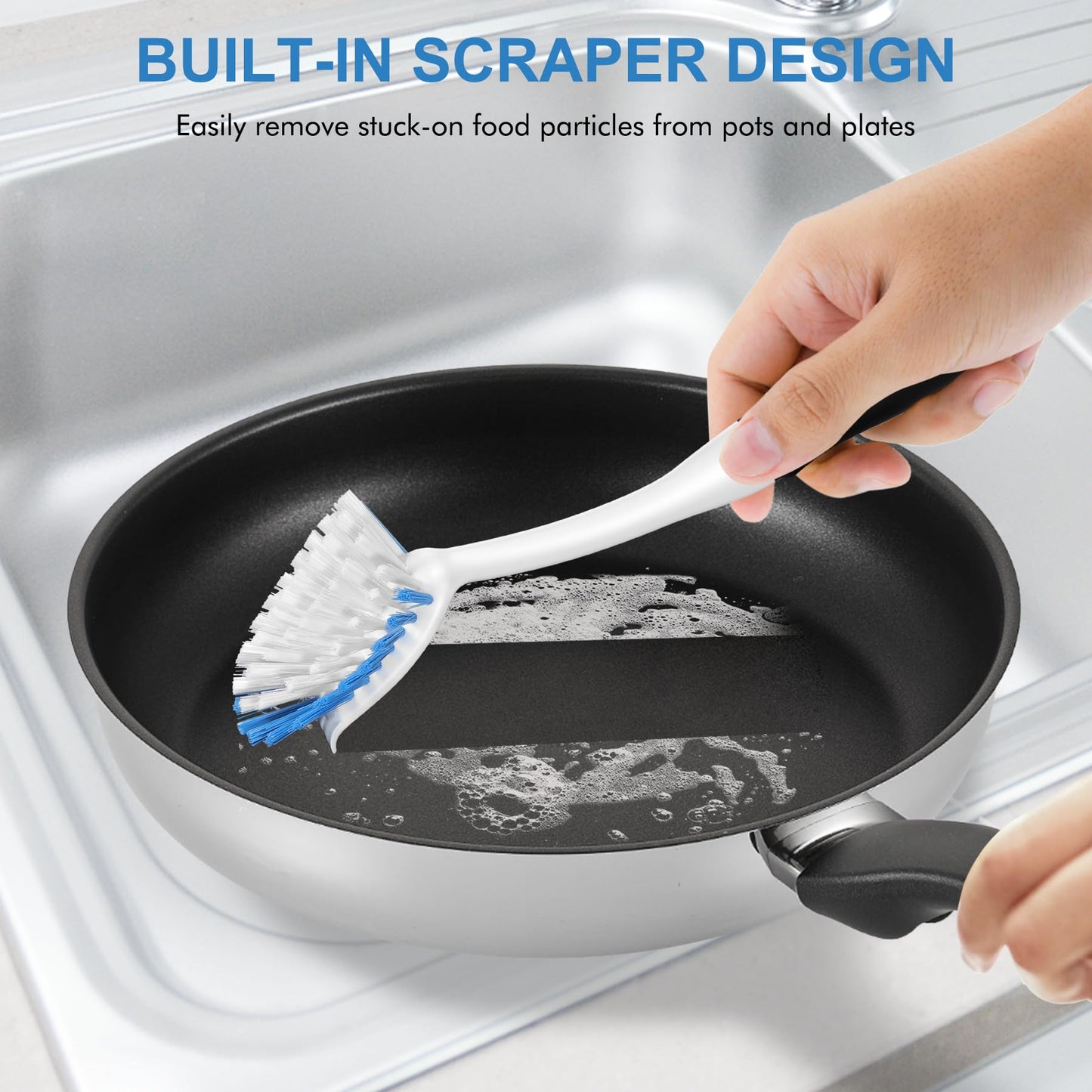 SetSail Dish Brush with Handle, 2 Pack Stiff Bristles Dish Scrubber with Built-in Scraper Dish
