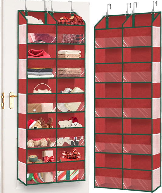 Over The Door Organizer 5 Tiers, Extra Large Behind Door Storage of 10 Compartments, 80 lbs Weight Capacity Hanging Storage Organizer with Clear Window Kids Toys,Shoes,Diapers,Room Storage, Red
