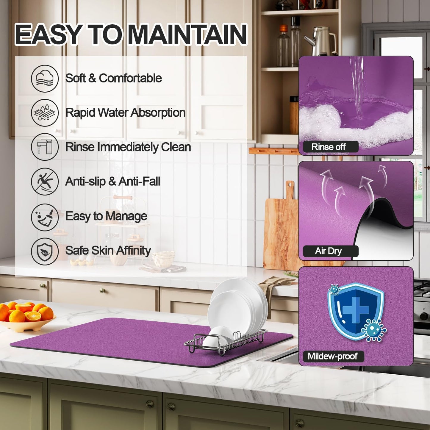 Dish Drying Mat for Kitchen Counter | Coffee Bar Mat for Countertops | Heat Resistant Drainer Mat with Non-slip Rubber Backed | Hide Stain Kitchen Absorbent Draining Mat | Purple 18"x32"