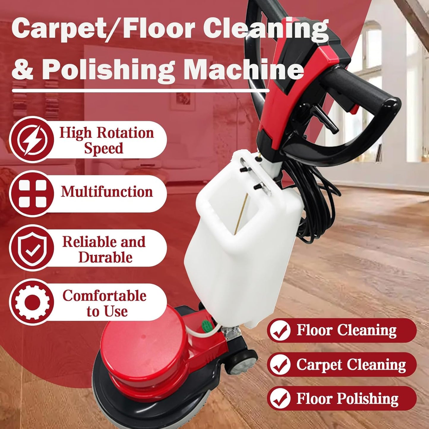 TECHTONGDA Floor Polisher & Buffer Commercial Floor Buffer Scrubber 17" Carpet Cleaning Machine 154RPM Industrial Orbiter Floor Cleaning with 3gal Tank and 3 Brush heads