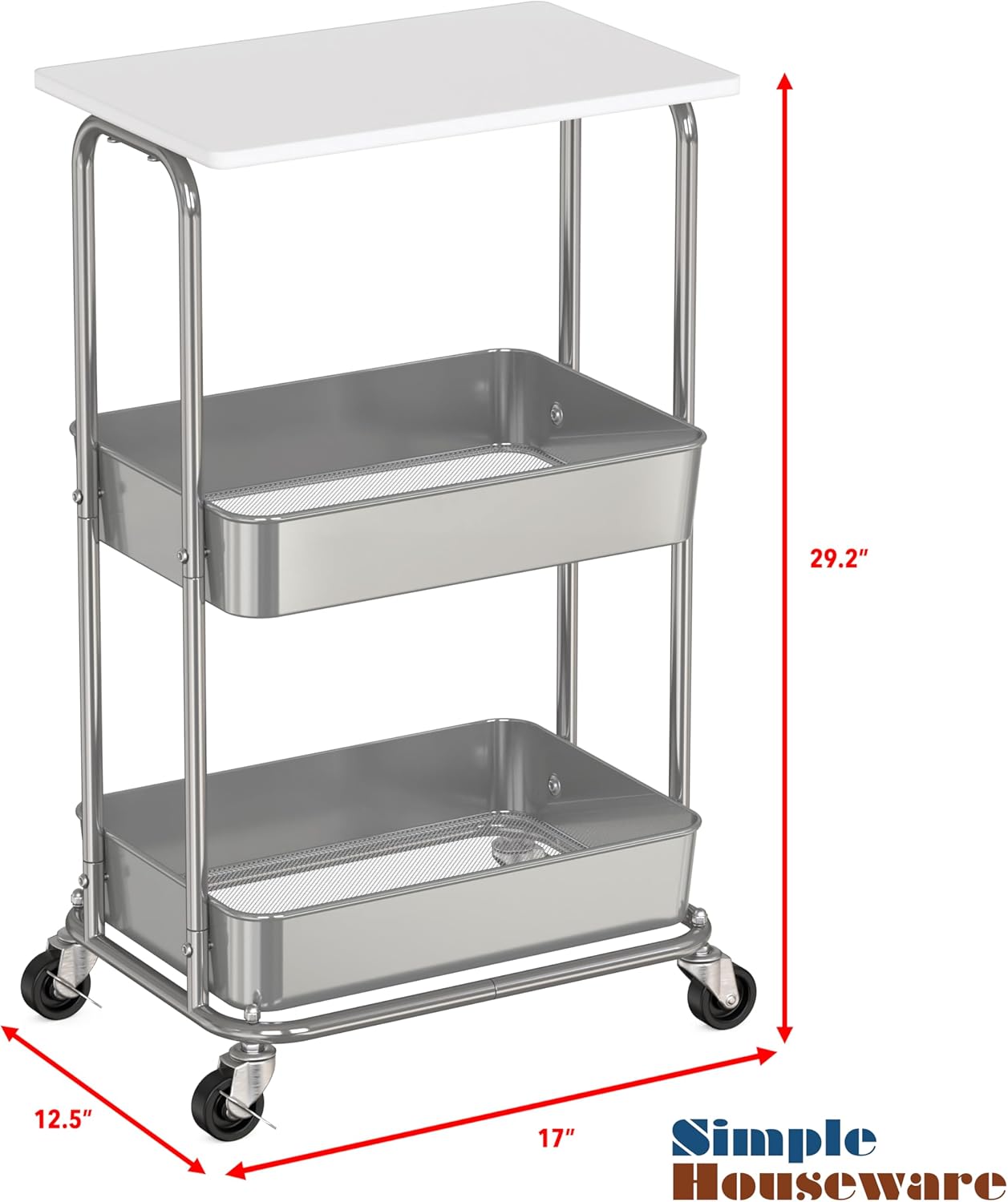 Simple Houseware 2-Tier Rolling Utility Cart with Lockable Wheels and Wood Top, Metal Storage Organizer Trolley for Kitchen, Bathroom, Office, Craft Room, White