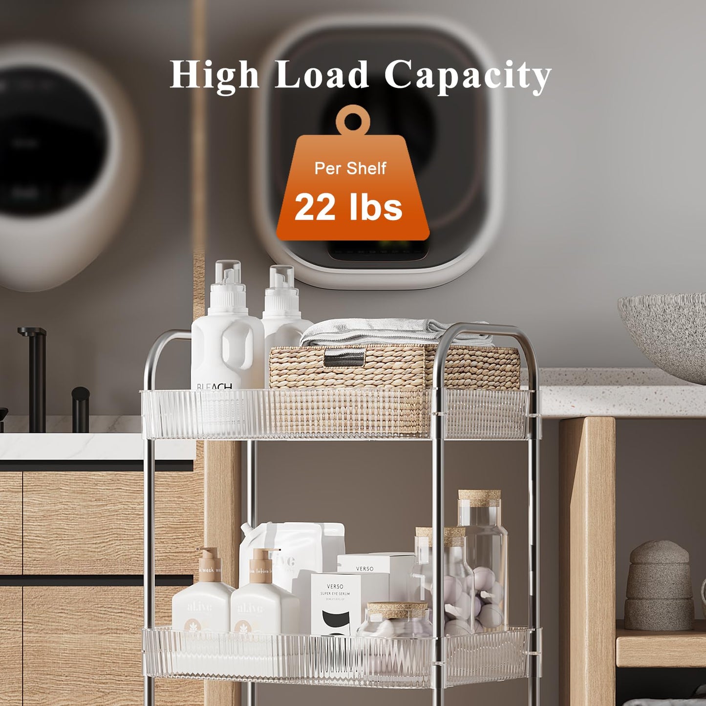 STARLATTA 3 Tier Rolling Cart with Lockable Wheels, Clear Acrylic Utility Trolley with Handle