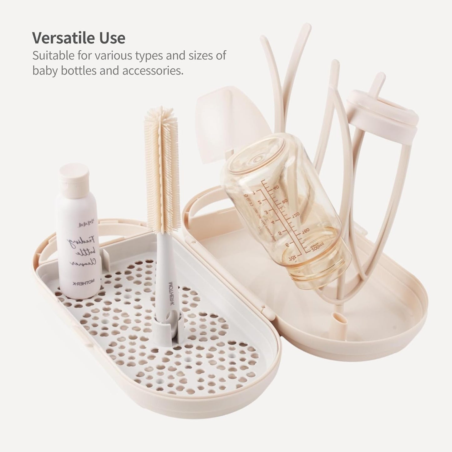 MOTHER-K Travel Baby Bottle Drying Rack Set - Baby Bottle Cleaner Kit with Mini Silicone Bottle Brush, Portable Bottle Drying Rack for Home and Travel (Cream)